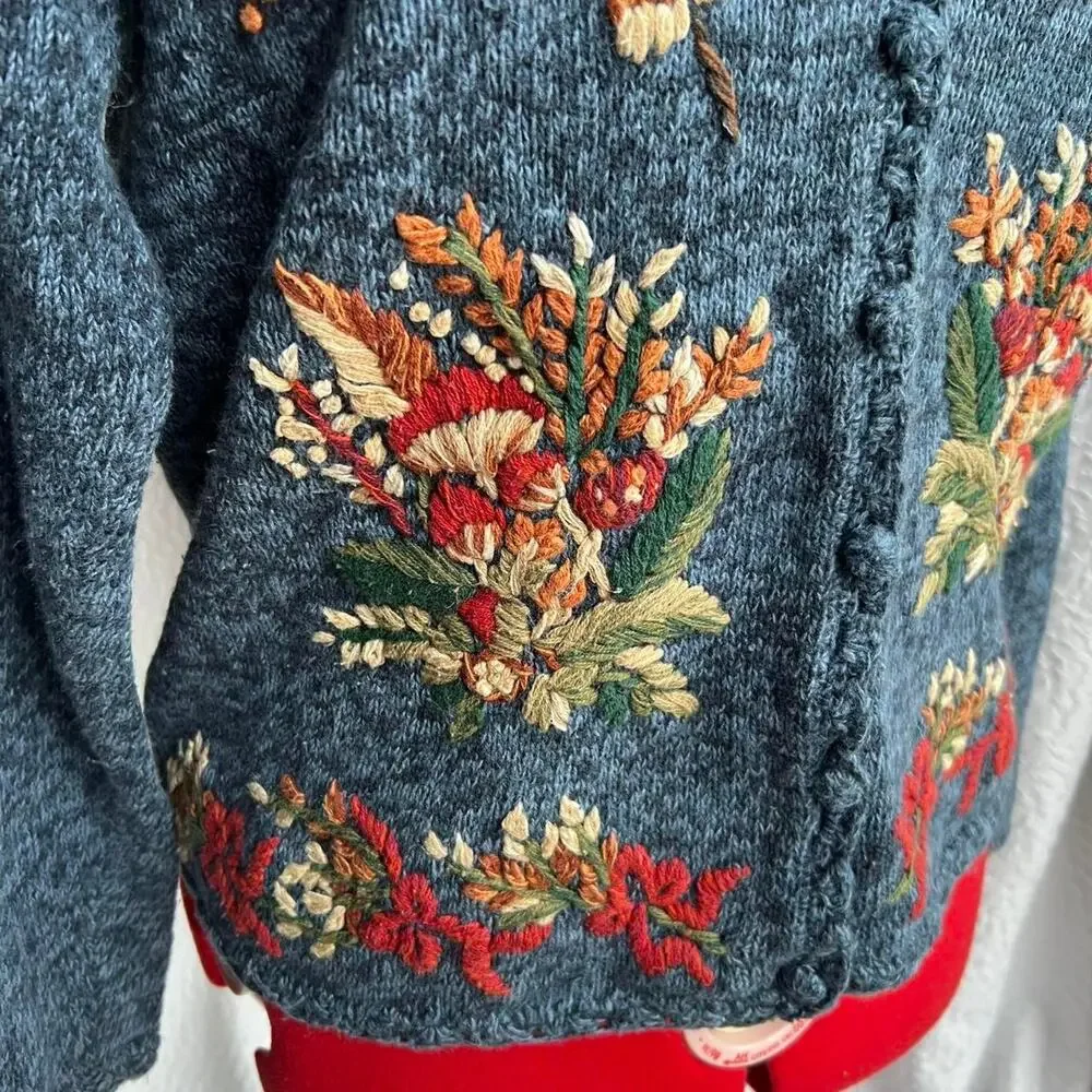 Vintage 1997 Heirloom Collectibles Blue Cardigan Sweater Mushroom Embroidery - Picture 2 of 8